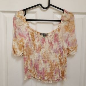 Good Luck Gem Cream Pink Brown Tie Dye Off Shoulder Smocked Cropped Top